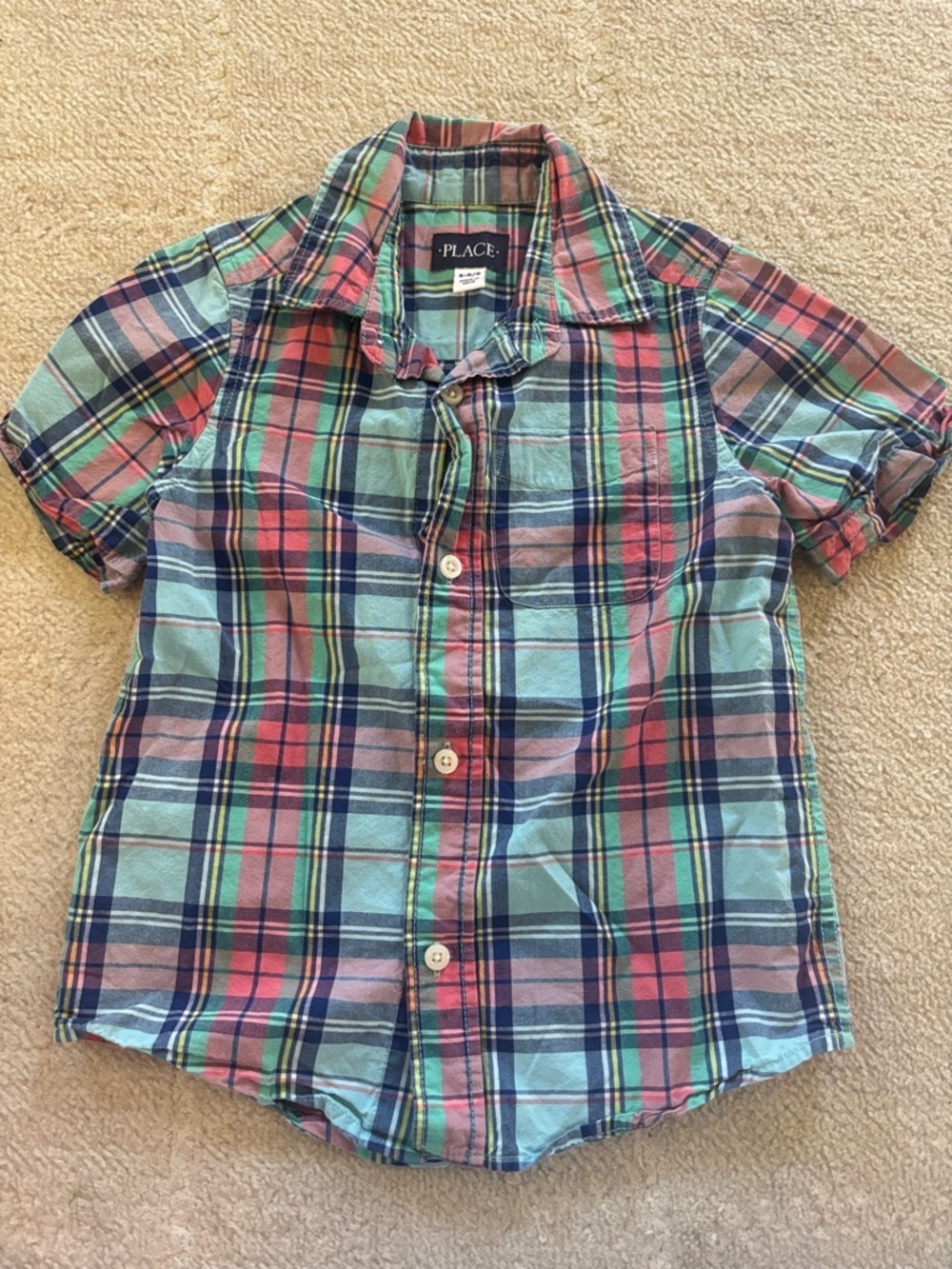 The Children's Place Mint, Navy & Coral Plaid Short-Sleeve Button-Down Shirt - Picture 1 of 5